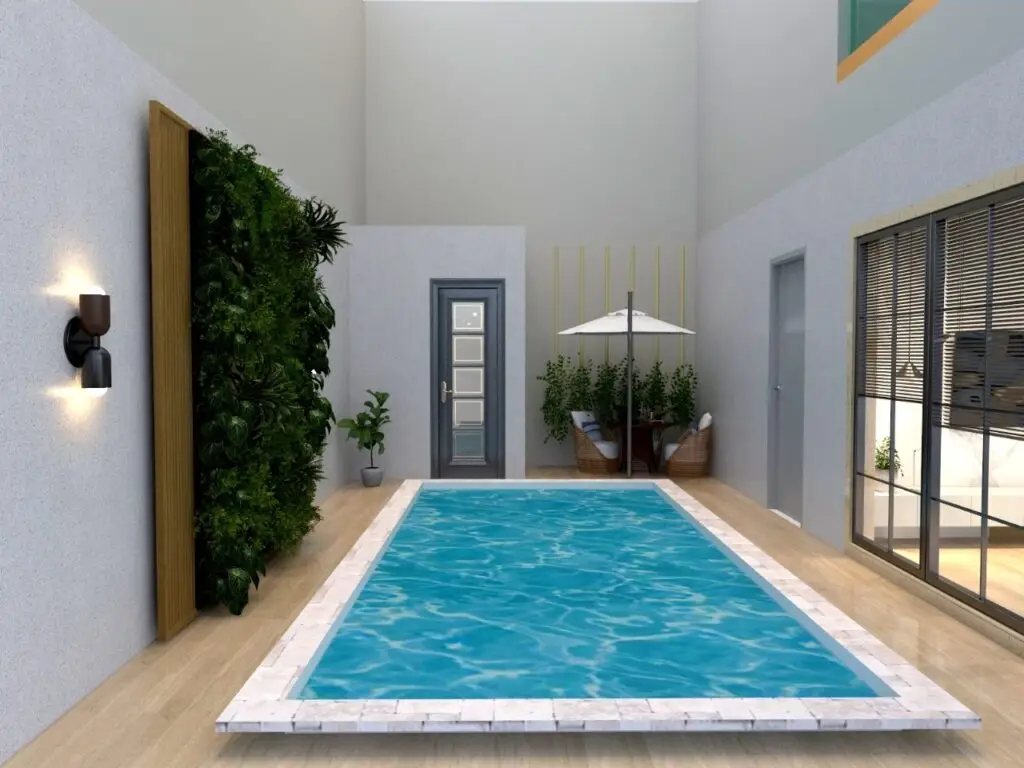 Modern outdoor residential space with swimming pool and garden