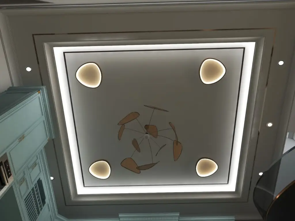 Modern ceiling design with recessed lighting and decorative fixtures